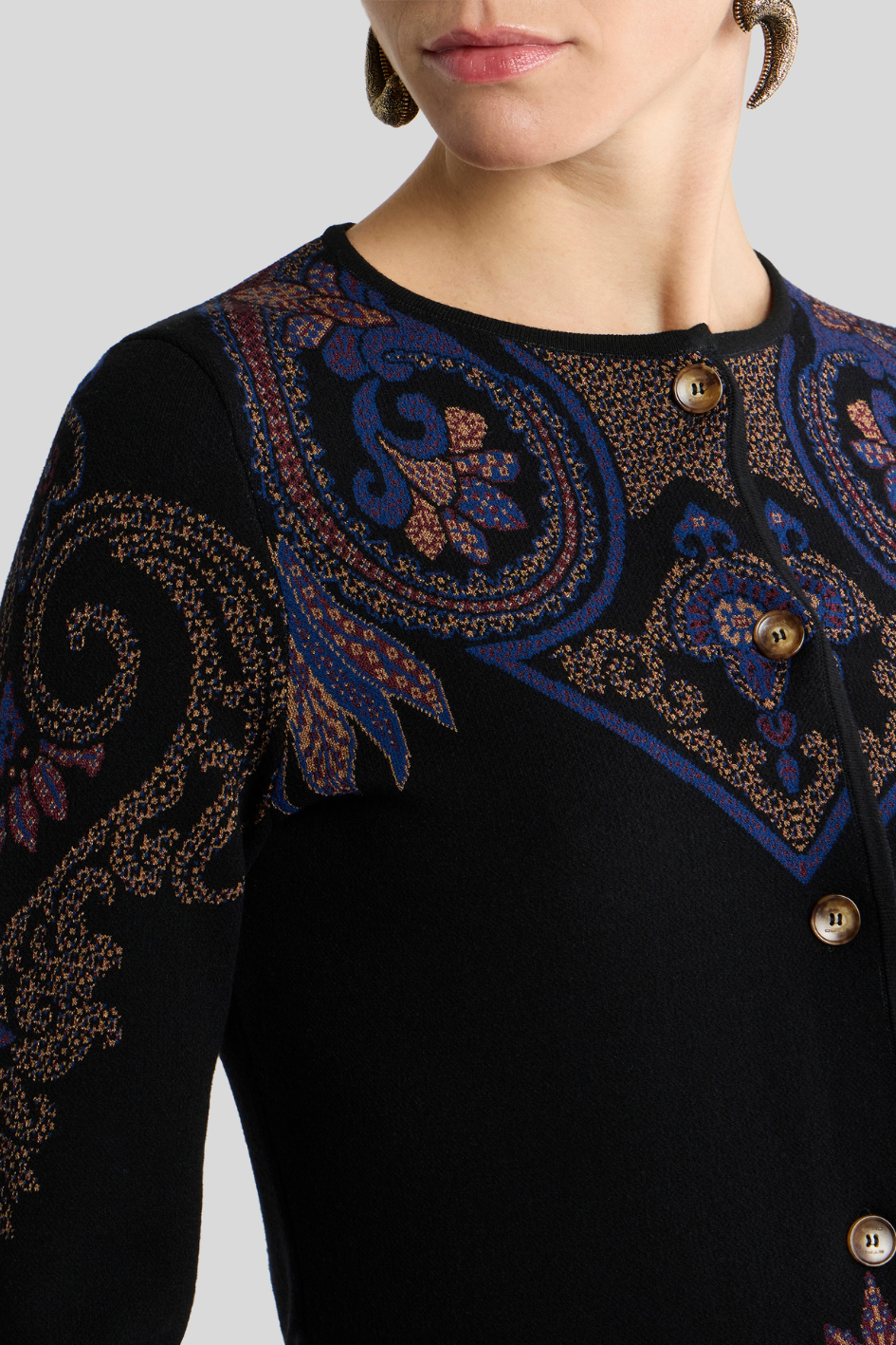 Black Ornamental Knit Cardigan with Paisley Pattern