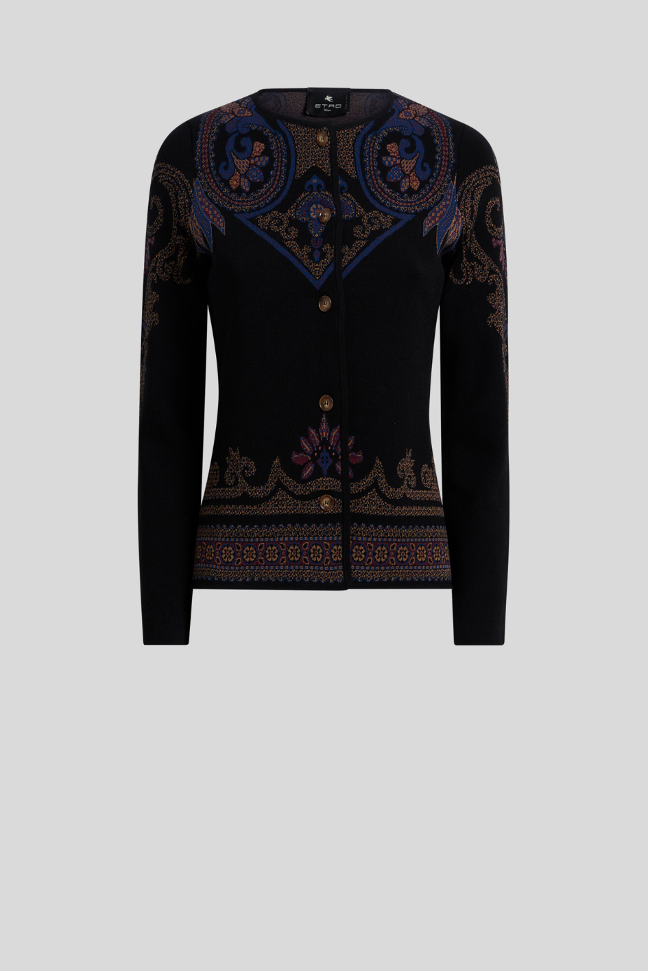 Black Ornamental Knit Cardigan with Paisley Pattern