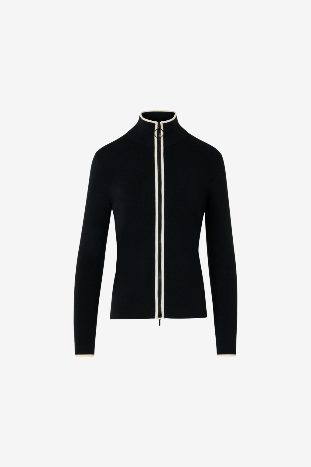 Fitted Merino Wool Knit Cardigan with Zip and Stand-Up Collar