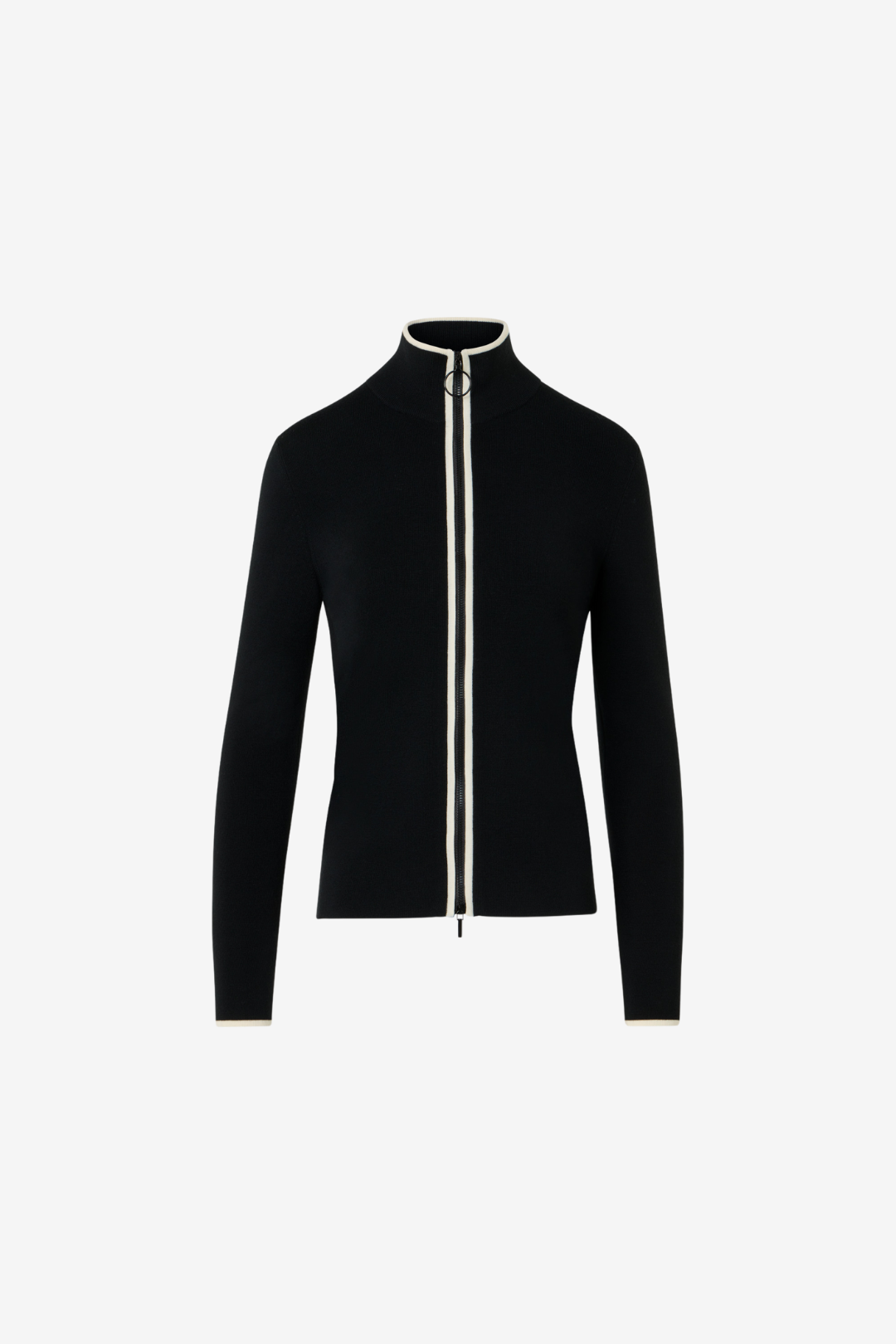 Fitted Merino Wool Knit Cardigan with Zip and Stand-Up Collar