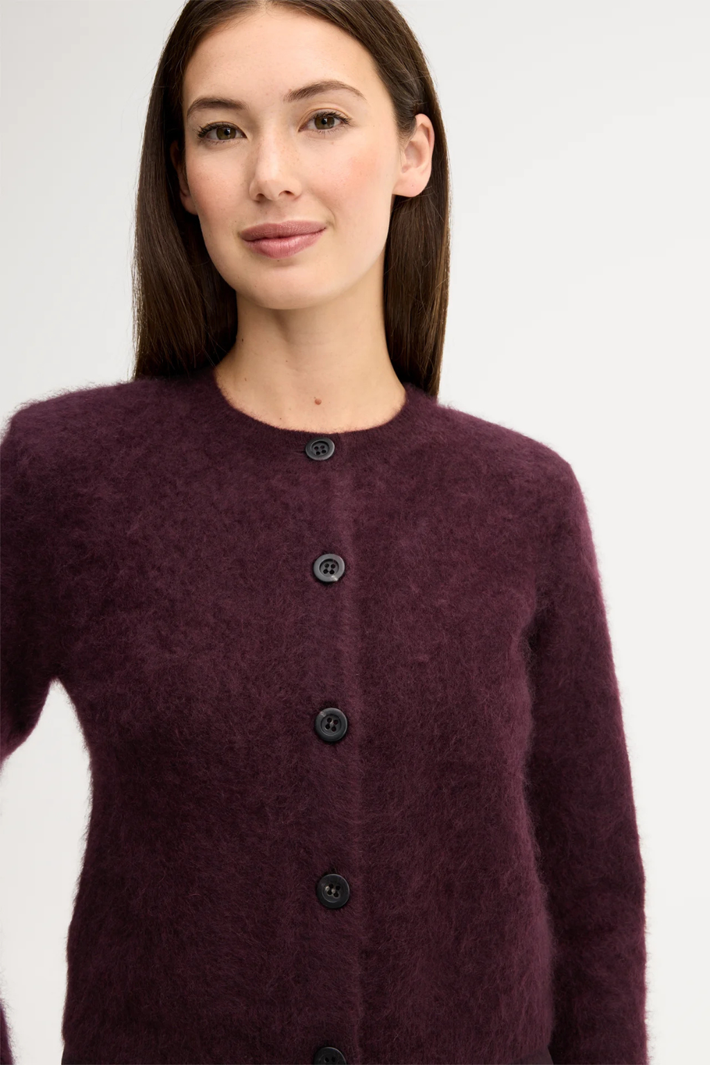 Dark Red Brushed Cashmere Crew Neck Cardigan