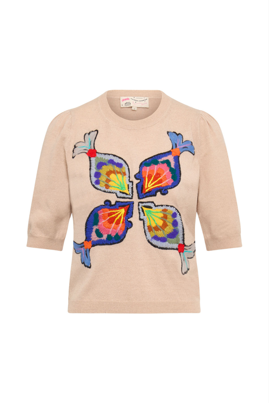 Embroidered Short-Sleeve Knit Sweater