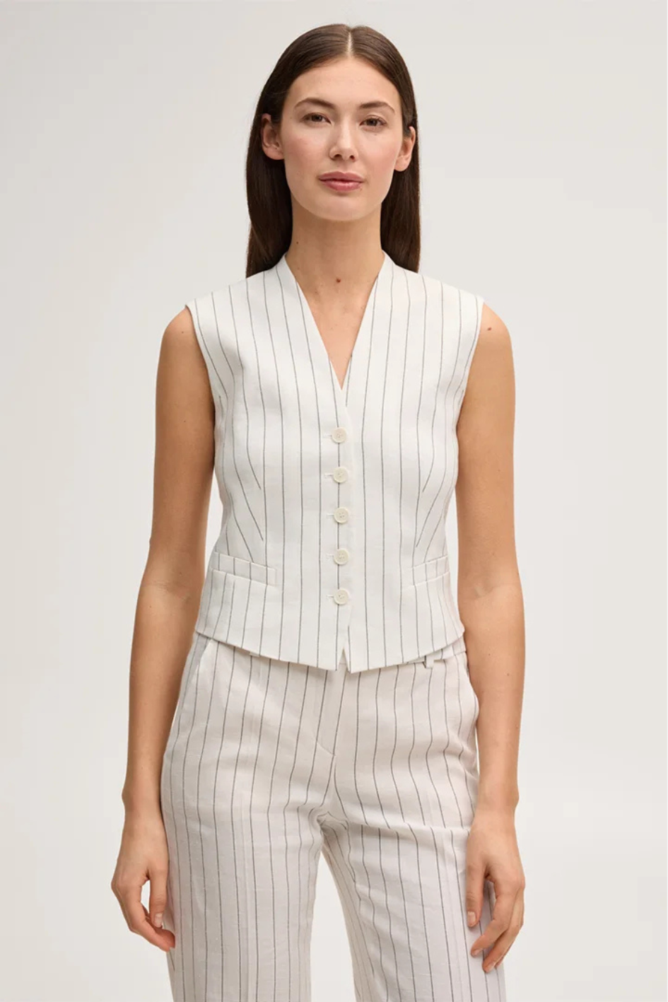 Pinstriped linen-blend Veste in ecru and black