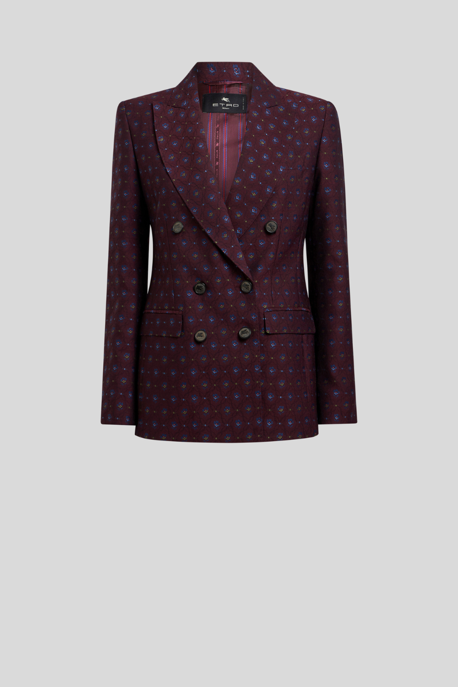 Burgundy Double-Breasted Floral Jacquard Blazer