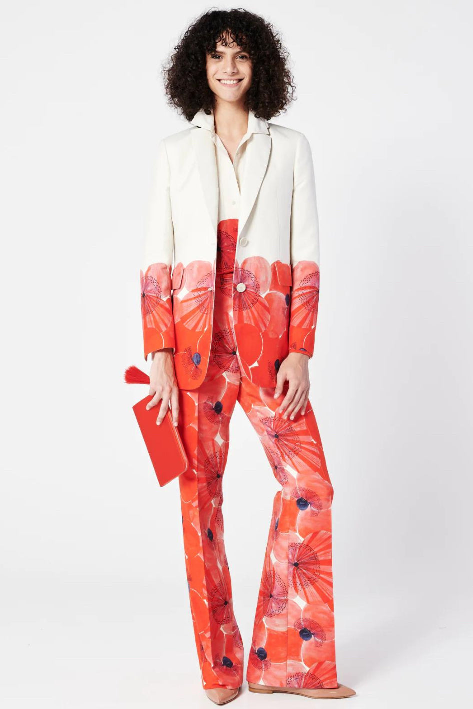 Weite Doubleface-Hose aus Baumwollseide mit Poppy Druck