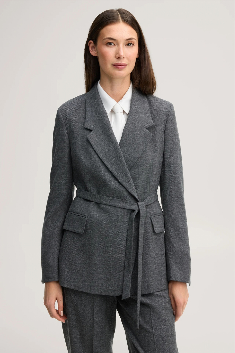 Virgin Wool Blazer with Mouliné Texture and Belt in Dark Grey