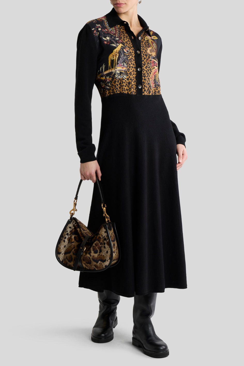 Black Printed Knit Midi Dress with Polo Collar