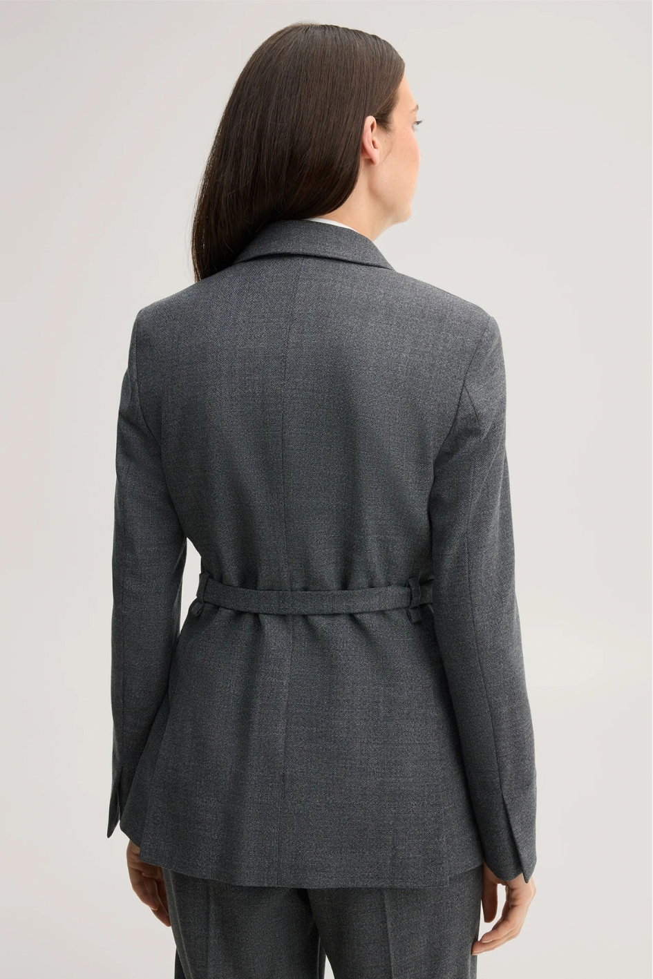 Virgin Wool Blazer with Mouliné Texture and Belt in Dark Grey