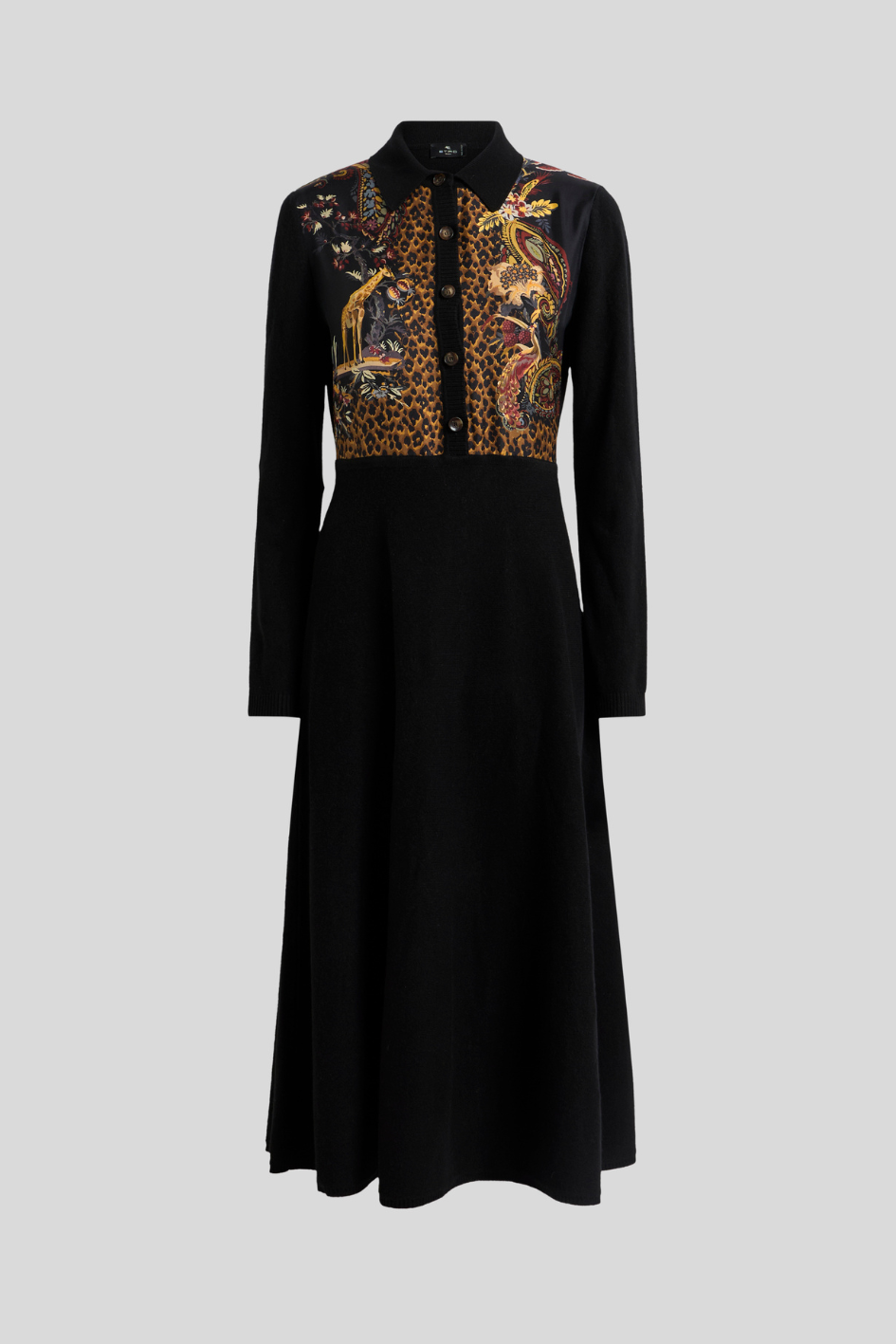 Black Printed Knit Midi Dress with Polo Collar