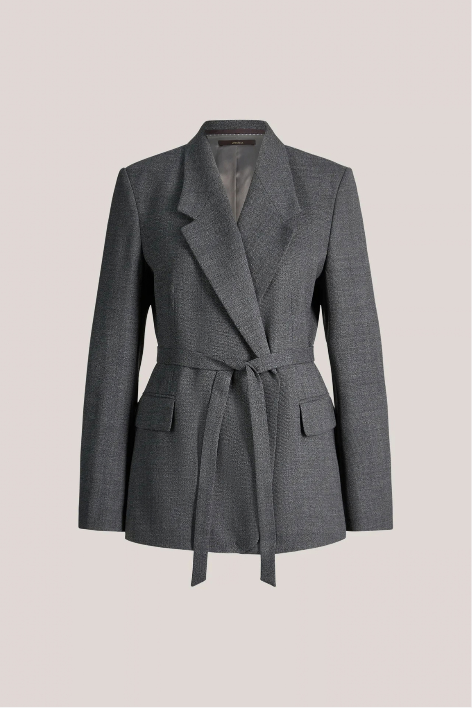 Virgin Wool Blazer with Mouliné Texture and Belt in Dark Grey