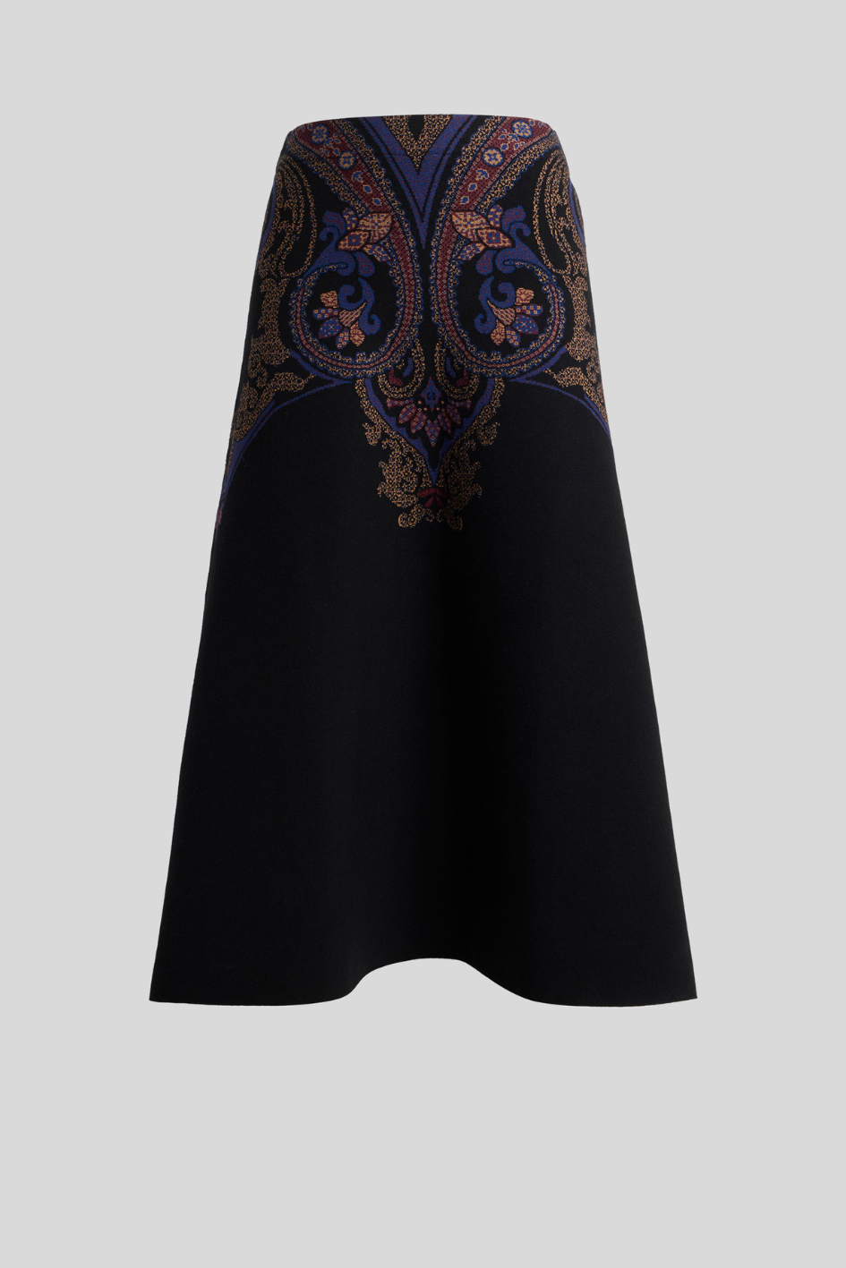 Black A-Line Knit Midi Skirt with Ornamental Paisley Pattern