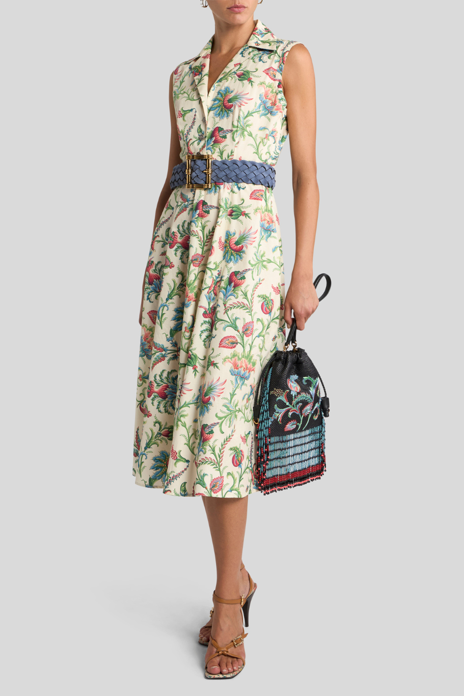 Floral Print Sleeveless Midi Dress with Belt