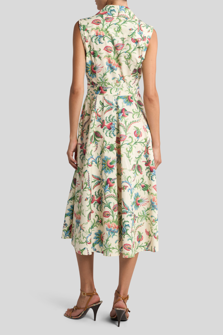 Floral Print Sleeveless Midi Dress with Belt