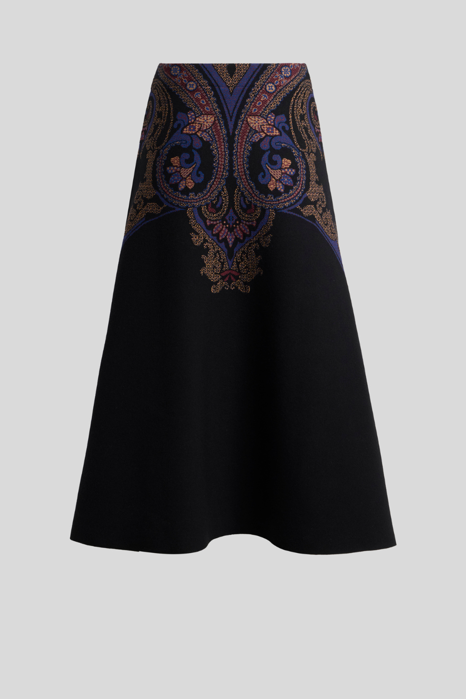 Black A-Line Knit Midi Skirt with Ornamental Paisley Pattern