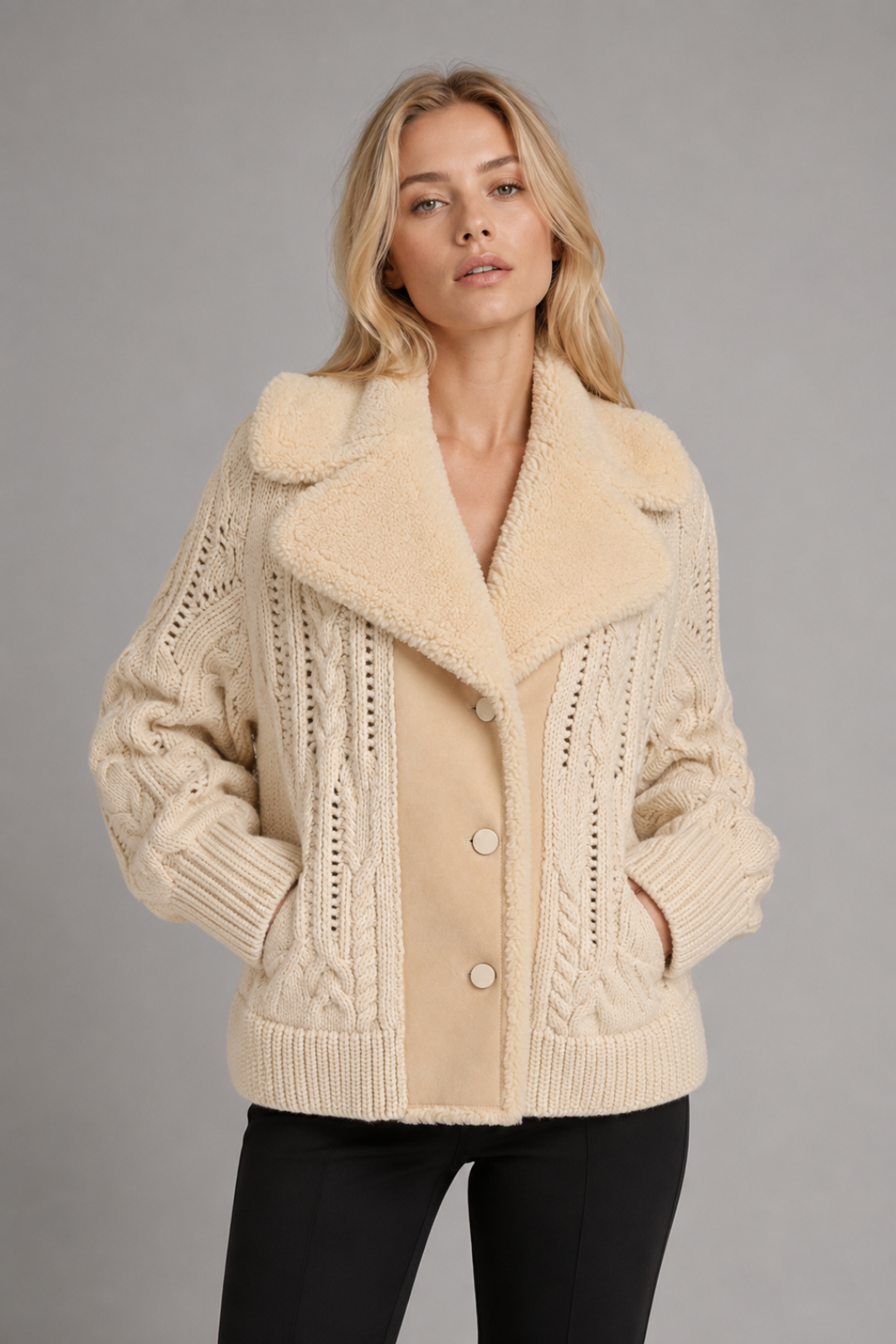 Cable Knit Jacket with Shearling Collar