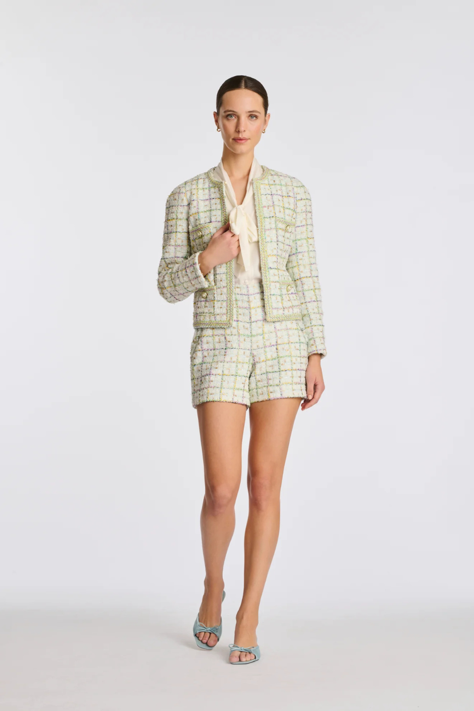 Pastel tweed jacket with braided trim