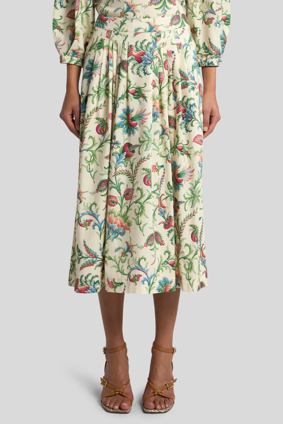 Floral Print Midi Skirt with Pleated Waist