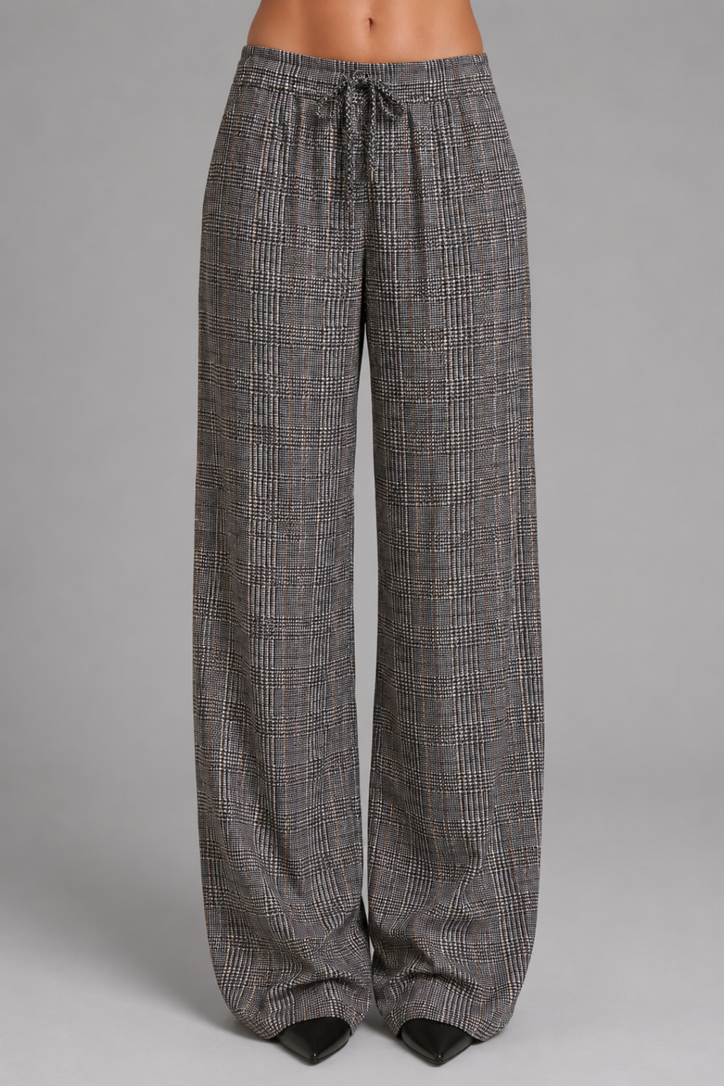 Checked Drawstring Wide-Leg Trousers