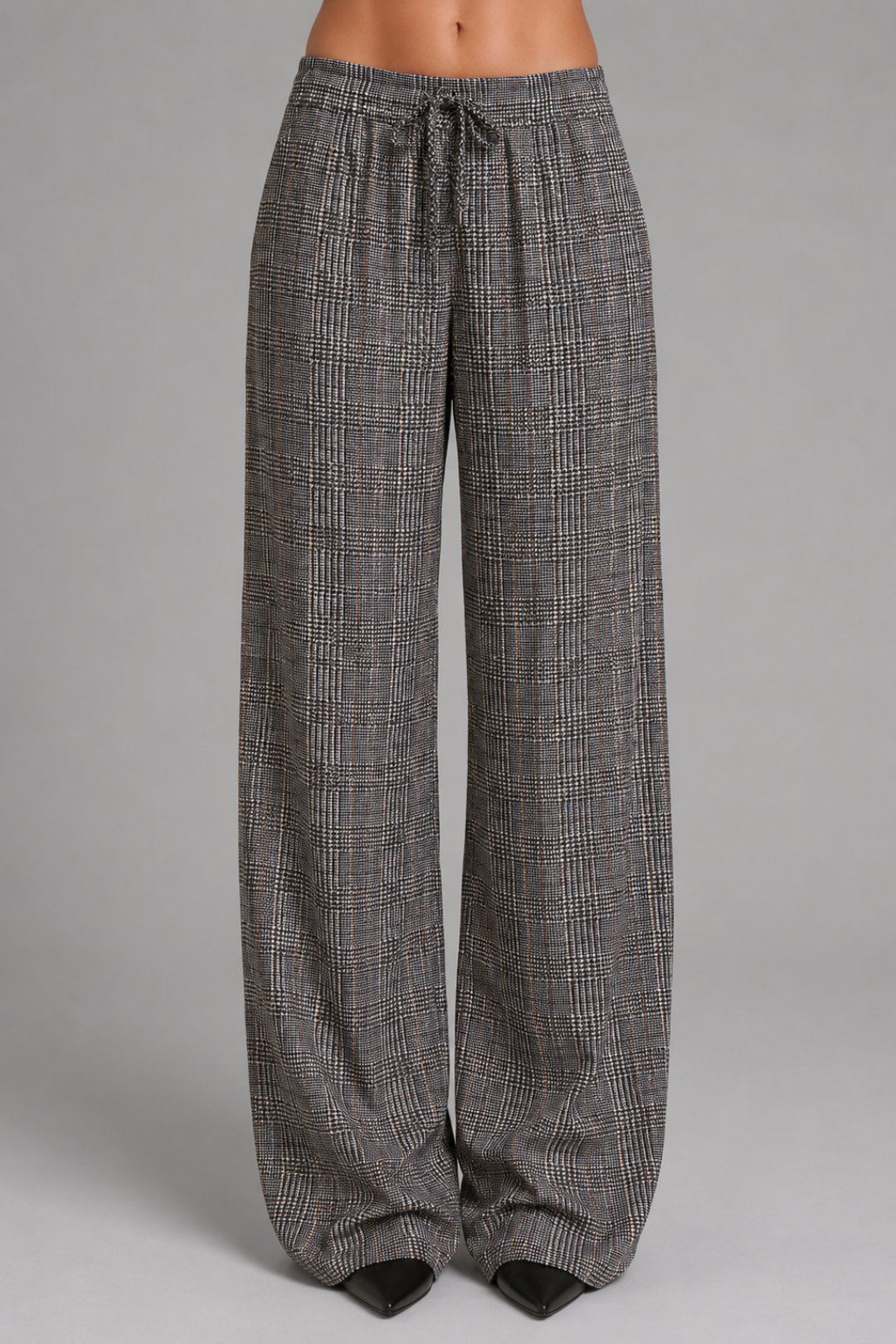 Checked Drawstring Wide-Leg Trousers