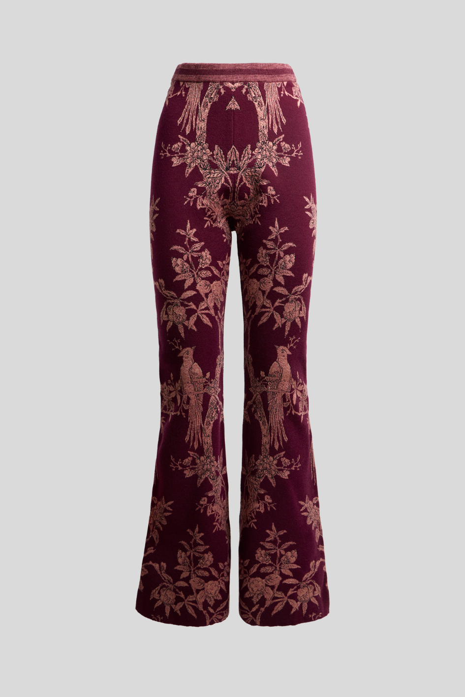 Burgundy Floral Bird Knit Flared Pants