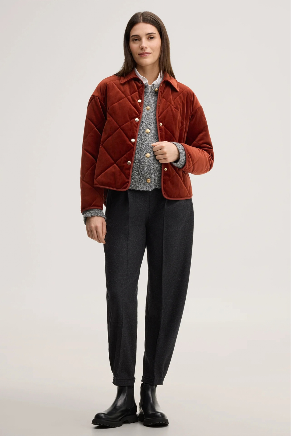 Quilted Velvet Shirt Jacket in Red