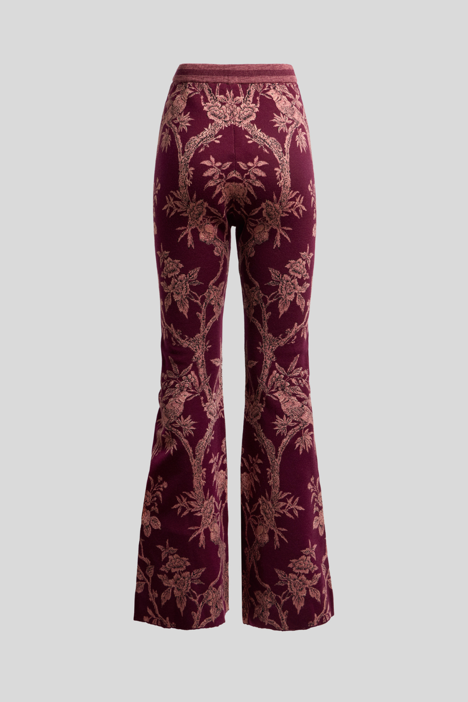 Burgundy Floral Bird Knit Flared Pants