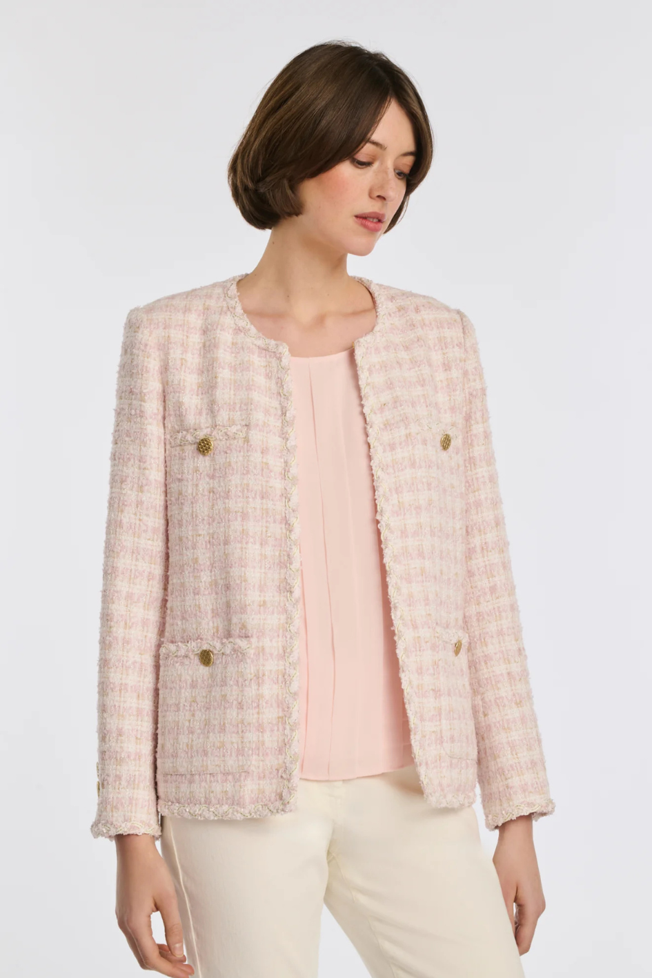 Long tweed jacket with braided trim