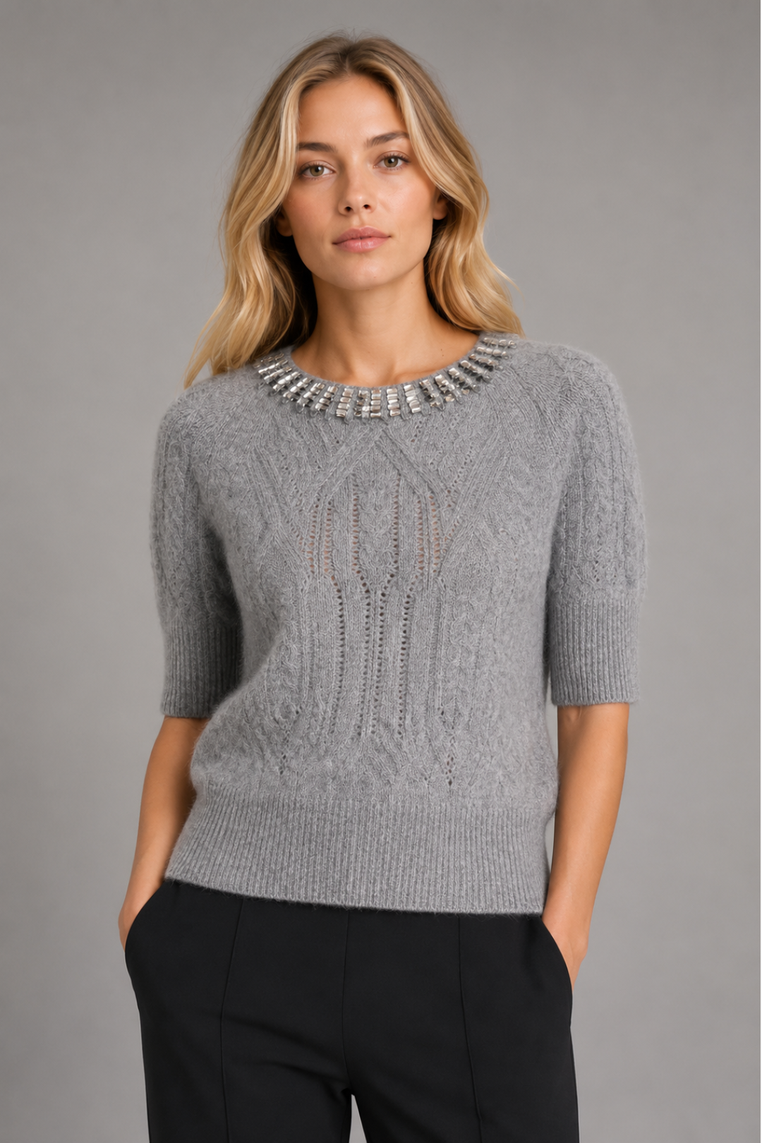 Embellished Short-Sleeve Knit Sweater