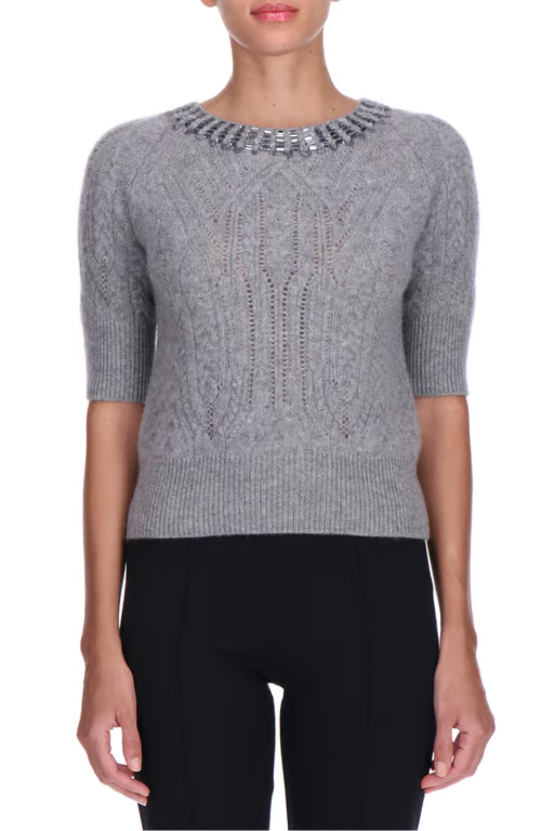 Embellished Short-Sleeve Knit Sweater