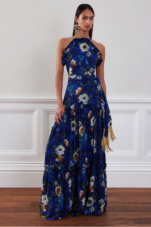 Floral Tatiana Halter-Neck Maxi Dress in Deep Blue