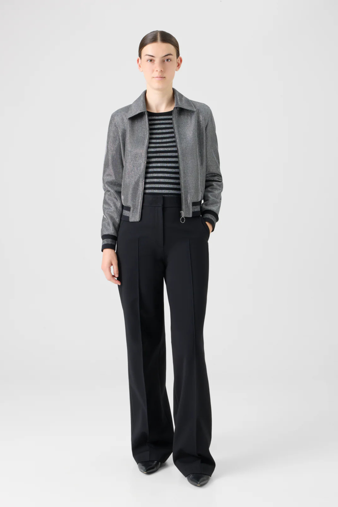 Short Metallic Birdseye Jersey Bomber Jacket