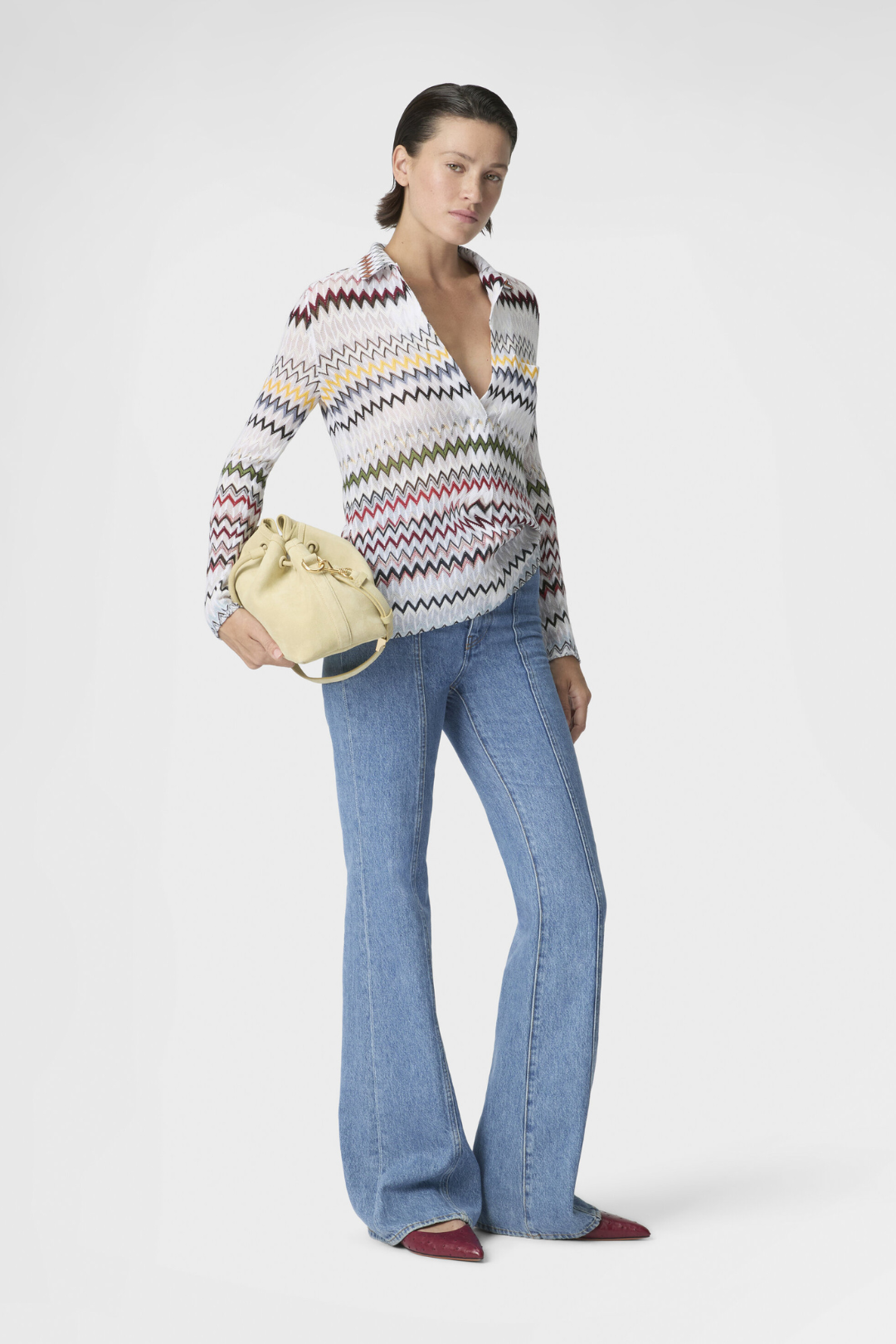 Cotton and Viscose Blouse with Zigzag Pattern and V-neck