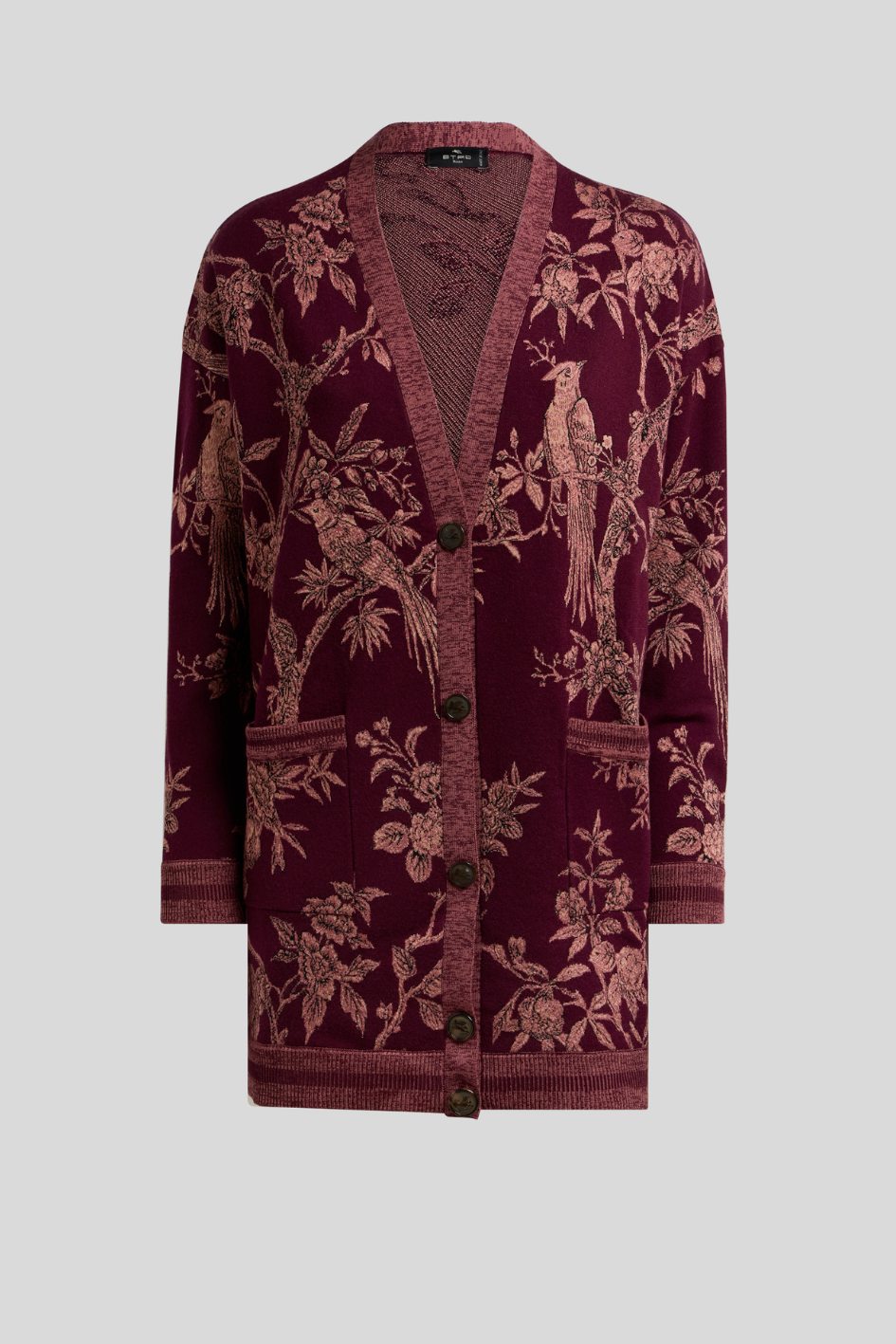 Burgundy Floral Bird Knit Long Cardigan