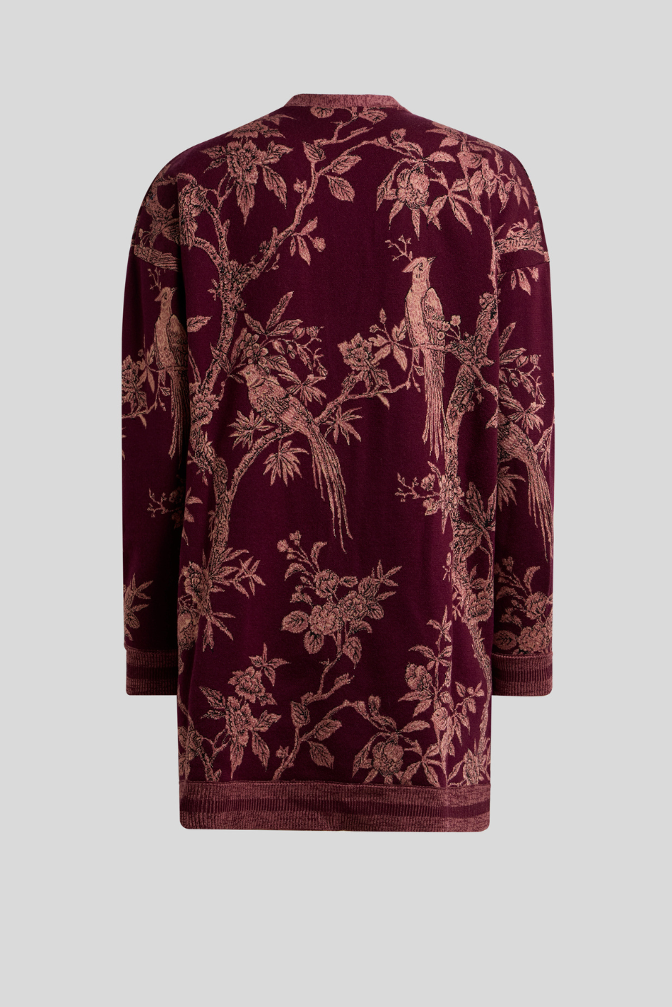 Burgundy Floral Bird Knit Long Cardigan