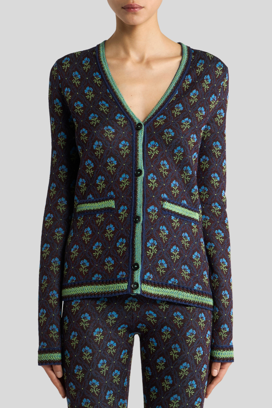 Floral Knit V-Neck Cardigan in Midnight Blue