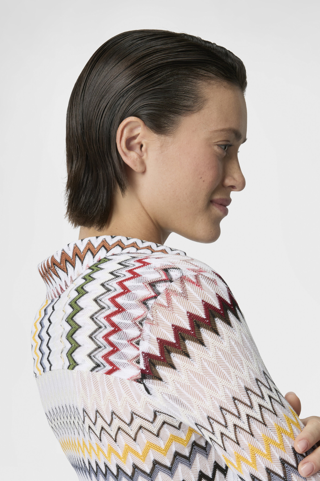 Cotton and Viscose Blouse with Zigzag Pattern and V-neck