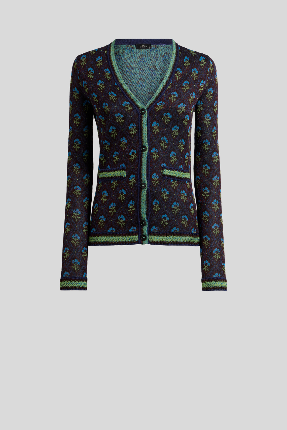 Floral Knit V-Neck Cardigan in Midnight Blue