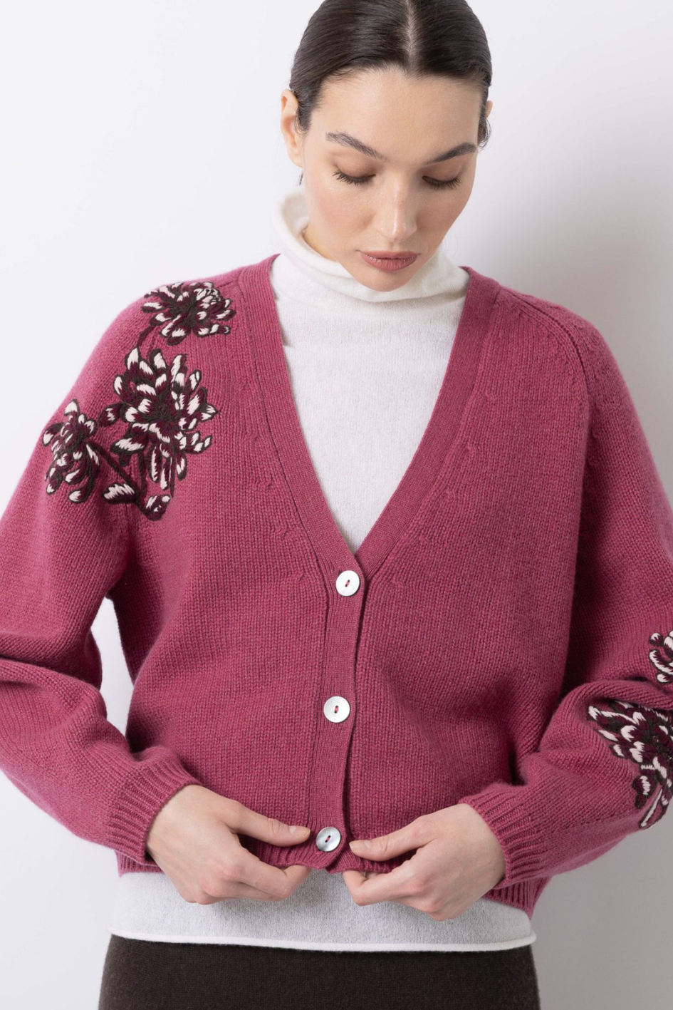 Floral Motif Cashmere Cardigan