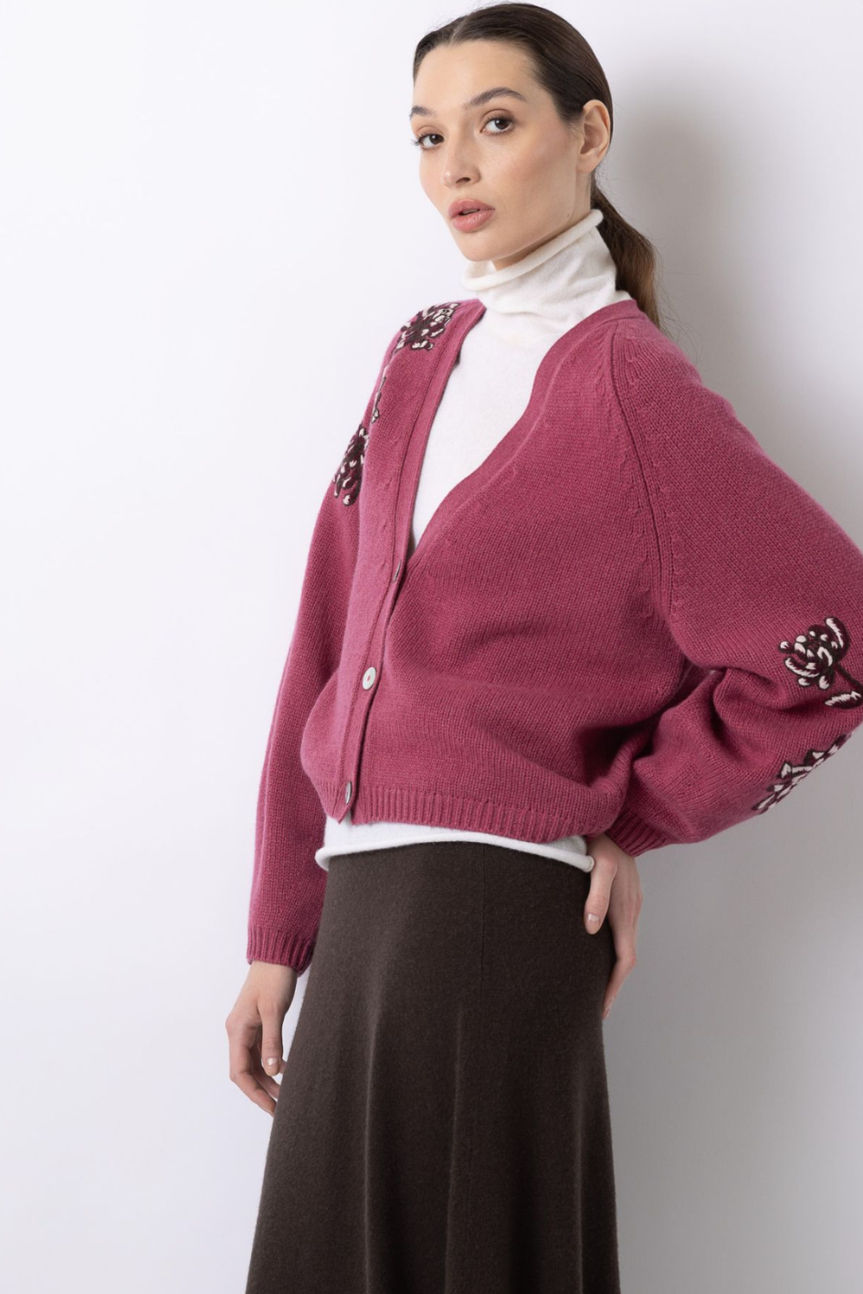 Floral Motif Cashmere Cardigan