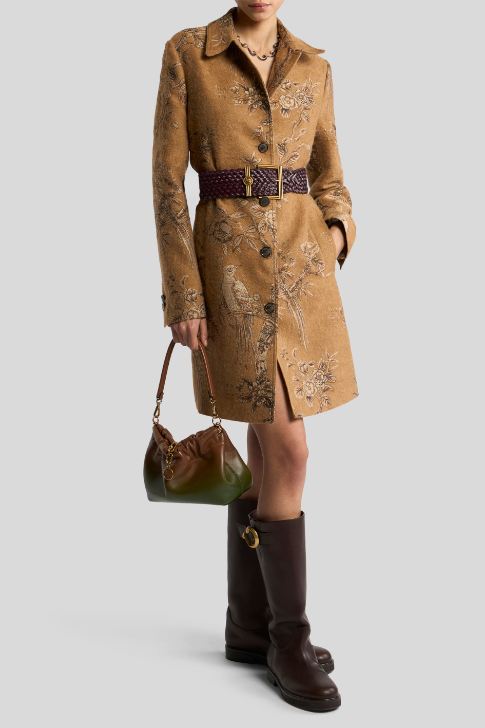 Camel Floral Bird Embroidered Wool Coat