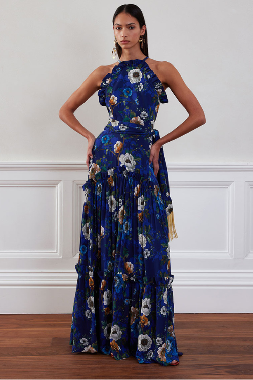 Floral Tatiana Halter-Neck Maxi Dress in Deep Blue