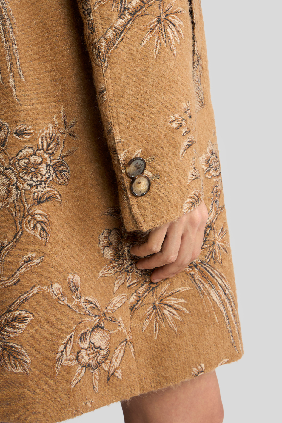 Camel Floral Bird Embroidered Wool Coat