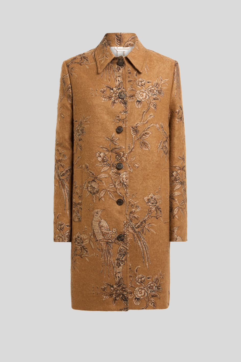 Camel Floral Bird Embroidered Wool Coat