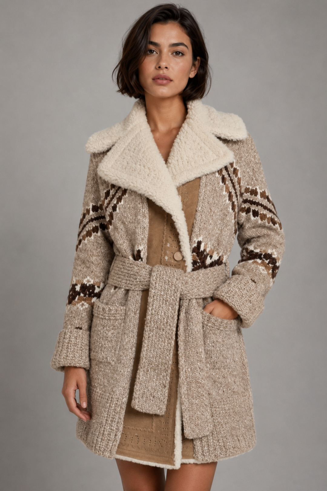 Nordic Knit Coat with Shearling Collar