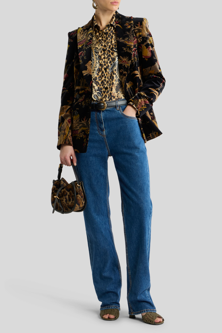 Black Velvet Double-Breasted Scenic Print Blazer
