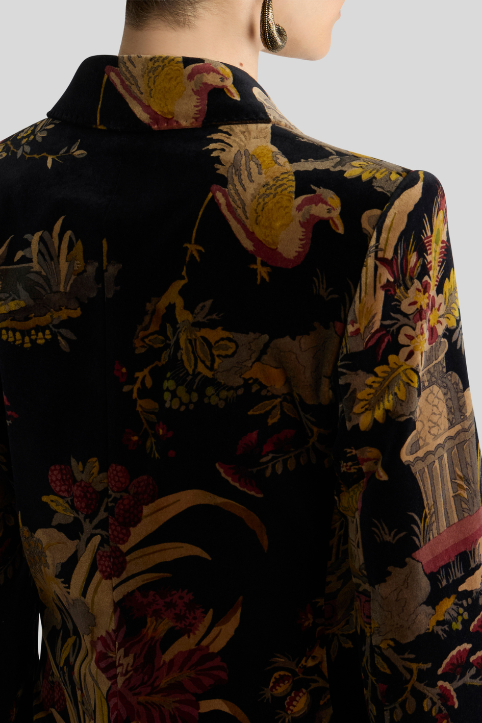 Black Velvet Double-Breasted Scenic Print Blazer