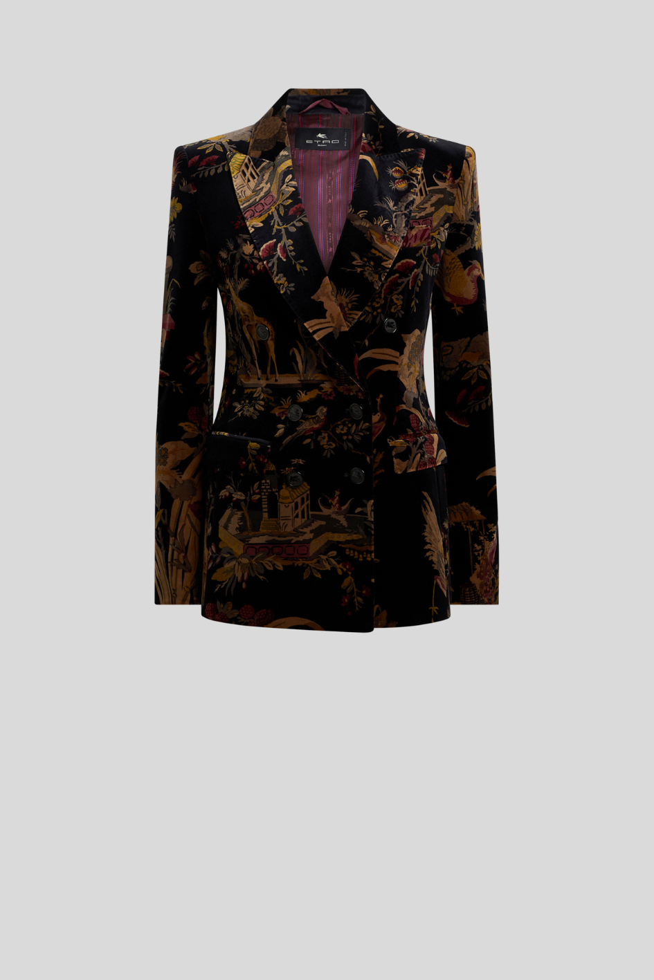 Black Velvet Double-Breasted Scenic Print Blazer