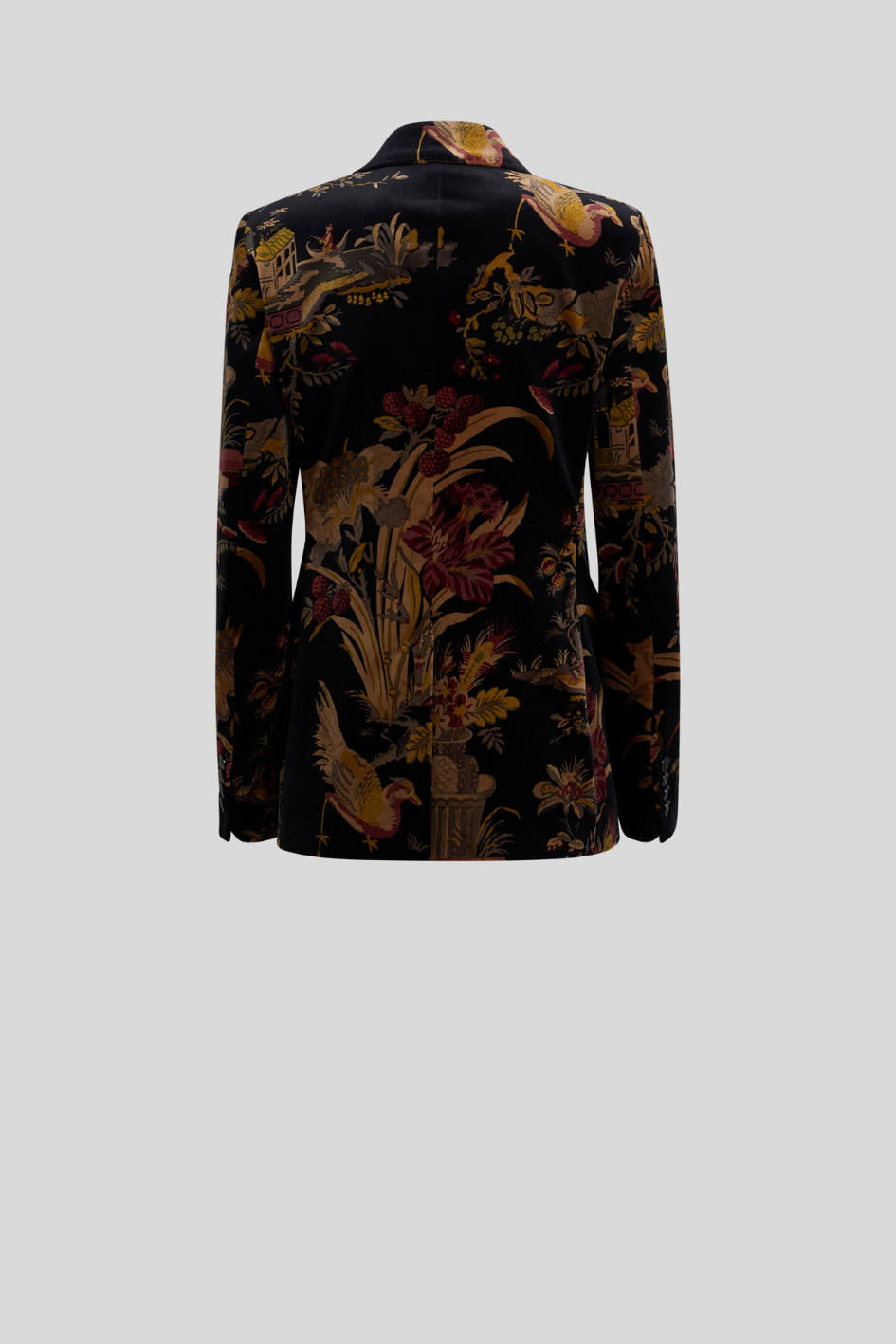 Black Velvet Double-Breasted Scenic Print Blazer