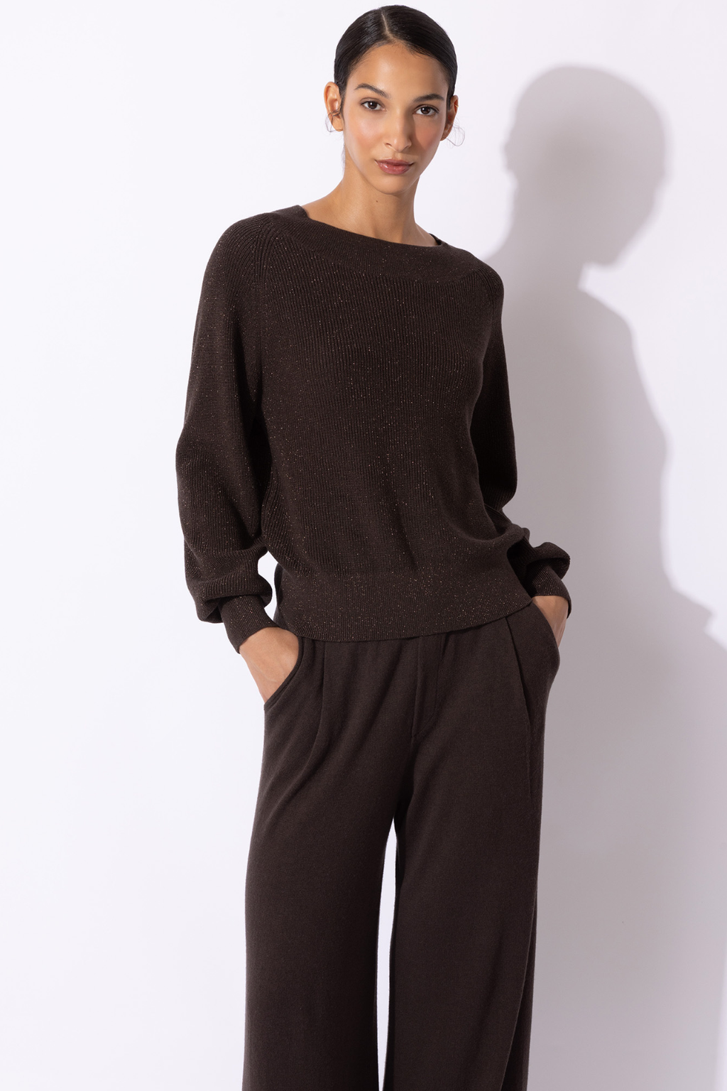 Boat-Neck Knit Sweater with Ribbed Cuffs