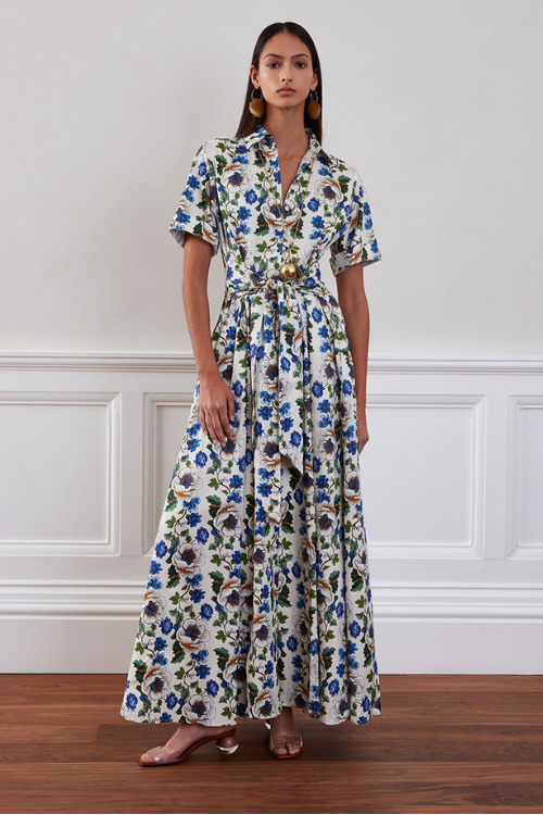 Floral Posie Short-Sleeve Belted Maxi Dress in White